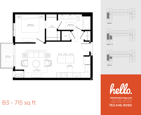 B3 Floor Plan at Hello Apartments, Minneapolis, 55427